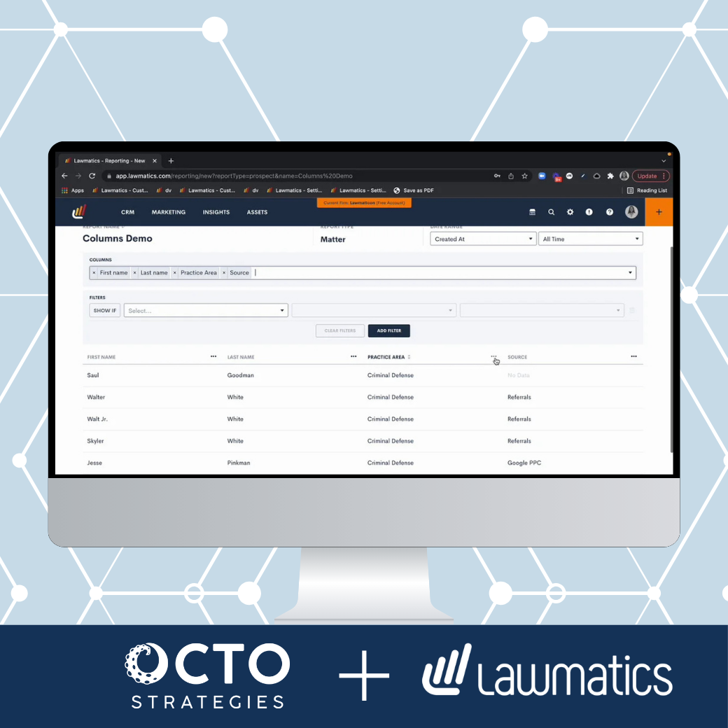 Lawmatics CRM dashboard screenshot — Octo Strategies case study