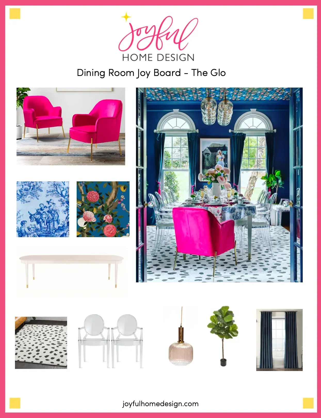 A dining room with pink chairs , a table , and a bench.