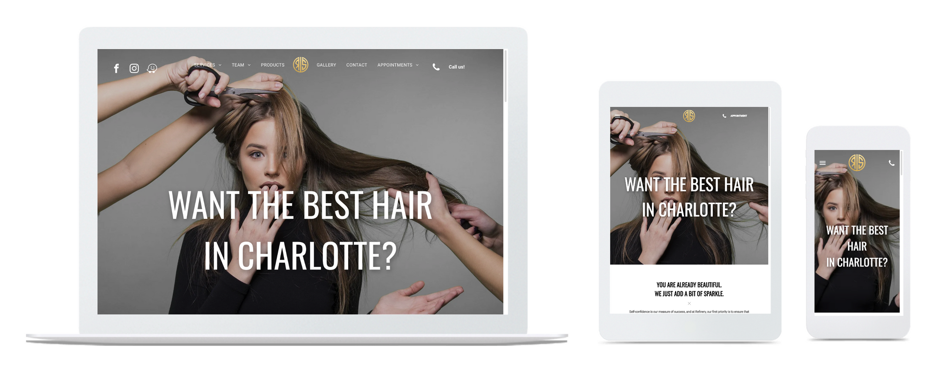 A woman is getting her hair cut on a laptop , tablet , and phone.
