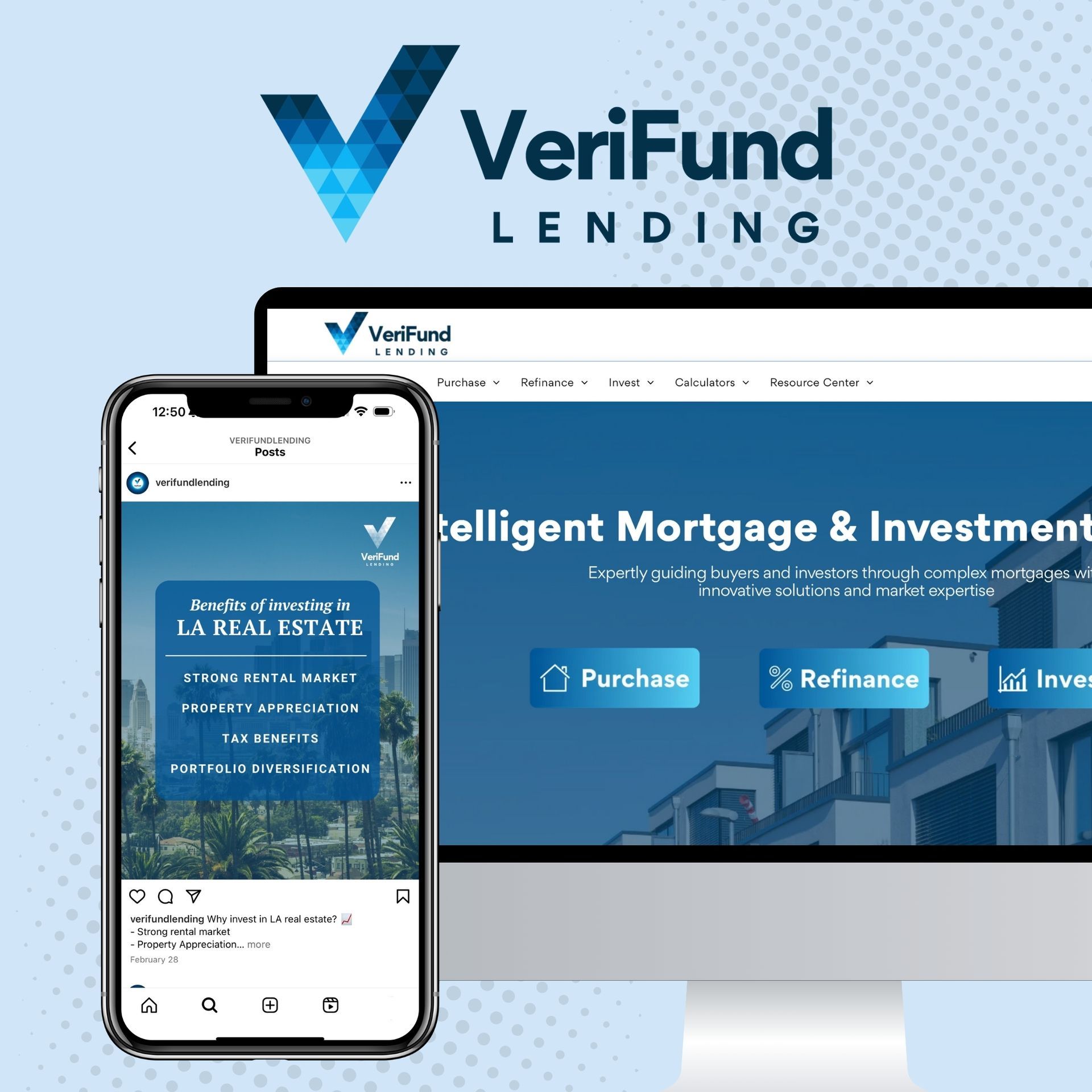 A phone and a computer are displaying a website for verifund lending