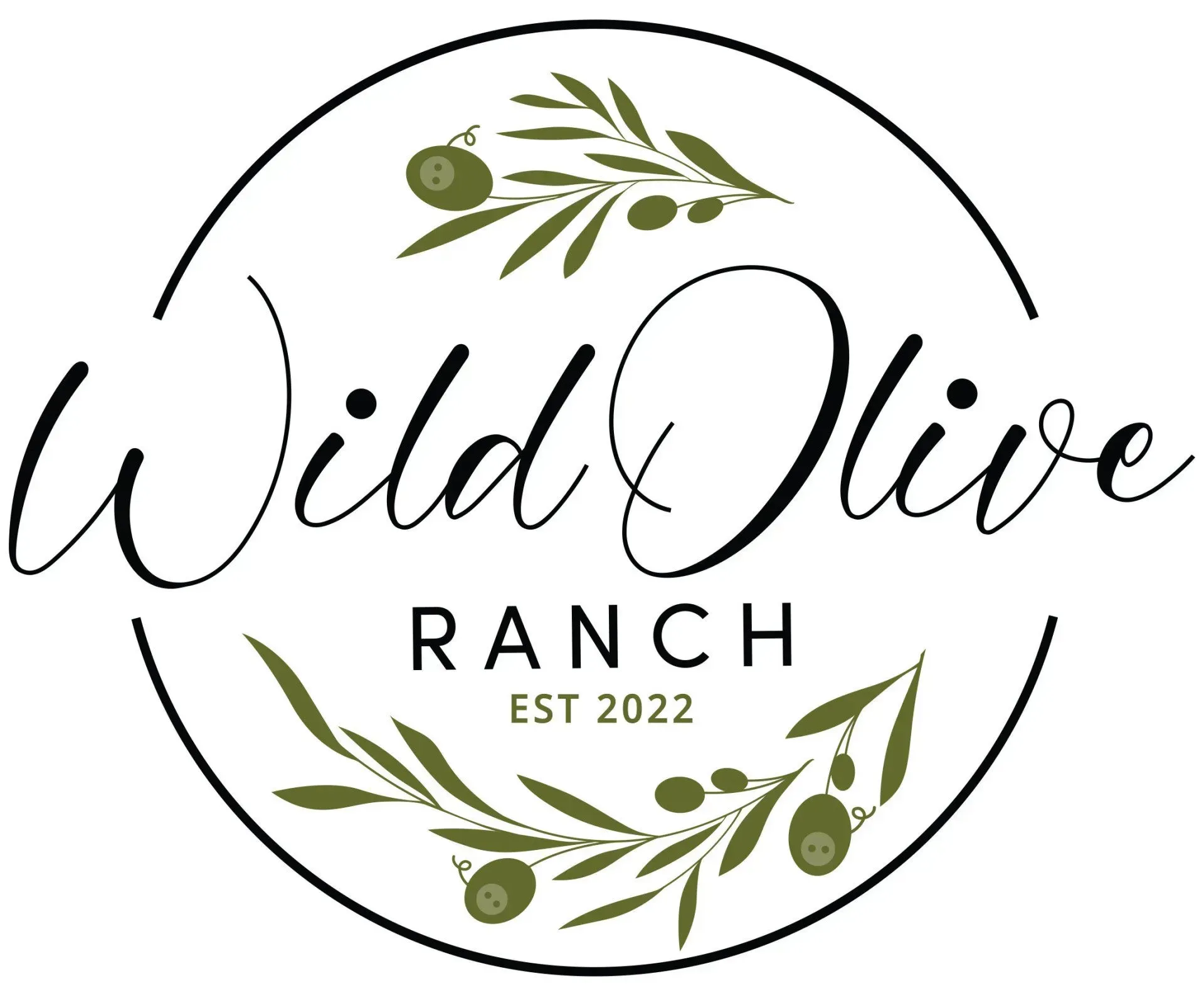 A logo for wild olive ranch with olives and leaves in a circle.