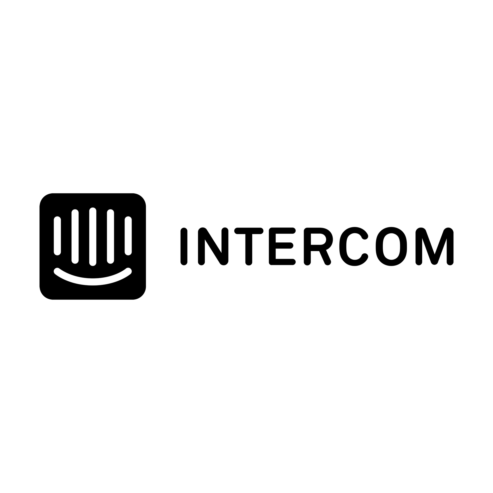 A black and white logo for intercom with a smiling face.