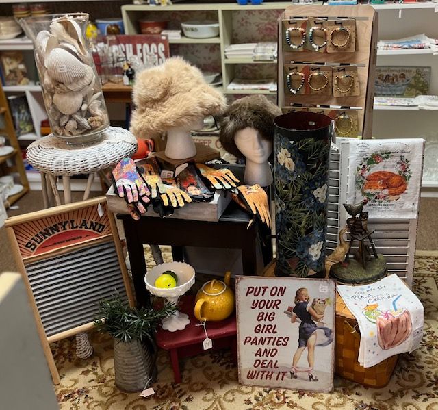 hats, posters, washboard on display
