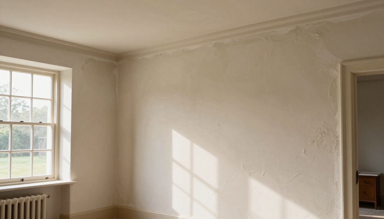 Empty white room with two windows, radiator, and sunlight casting shadows on the wall