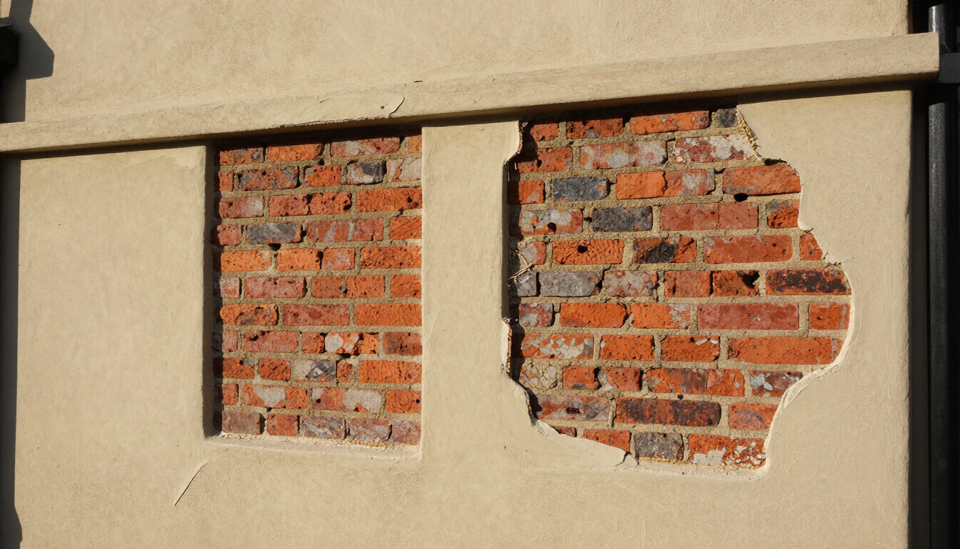 Two exposed red-brick patches in a beige stucco wall, with cracked plaster around them