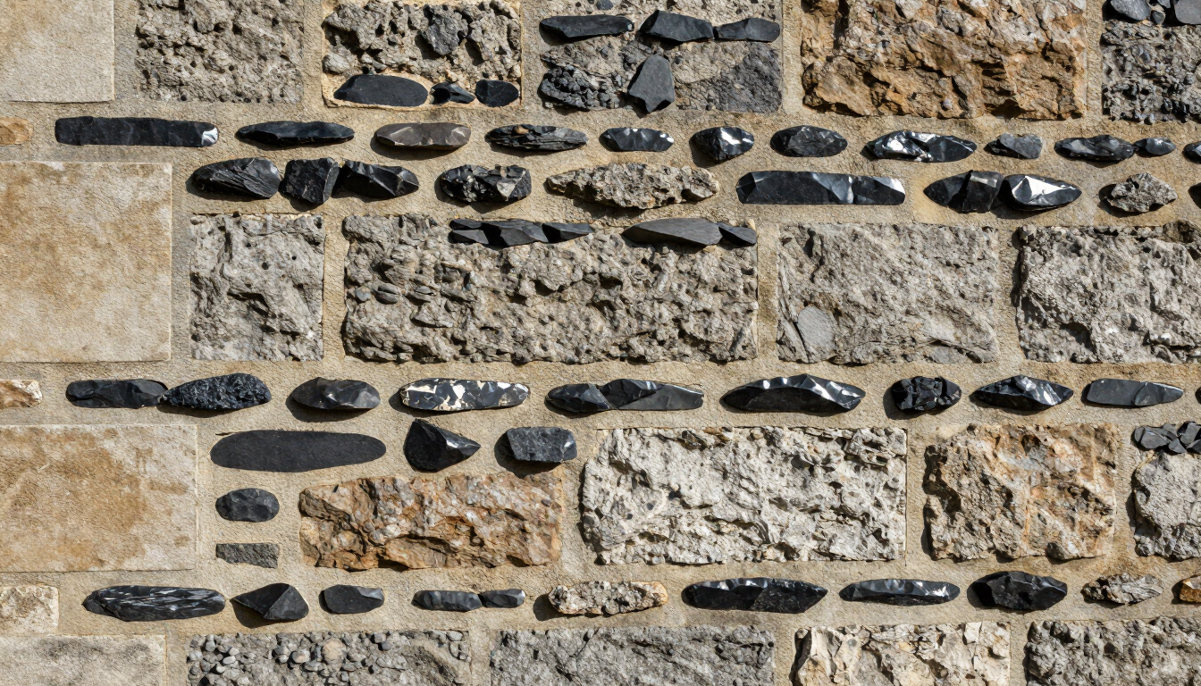 Rough tan stone wall with horizontal rows of dark pebbles embedded in the surface