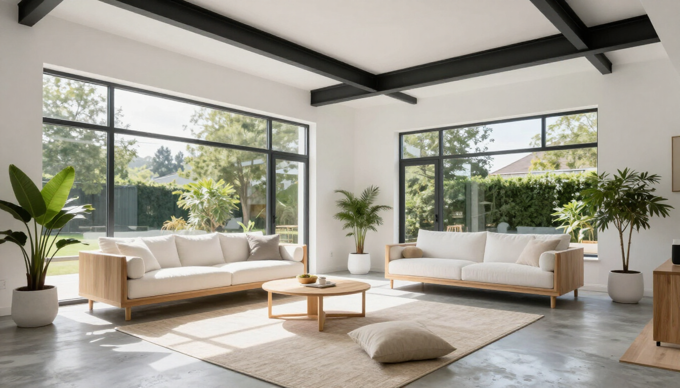 Bright modern living room with two beige sofas, large windows, plants, and a low coffee table