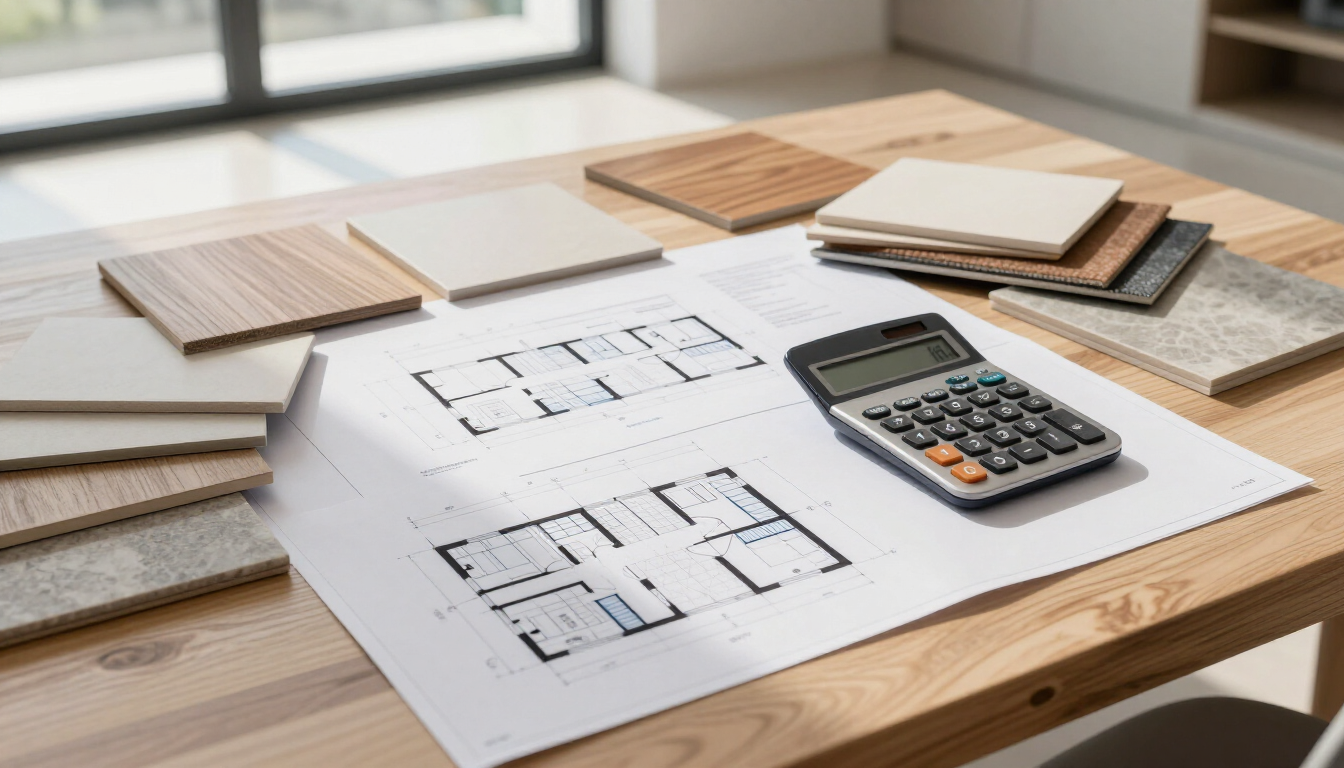 Floor plan sketches on a wooden table with tile samples and a calculator, suggesting interior design planning