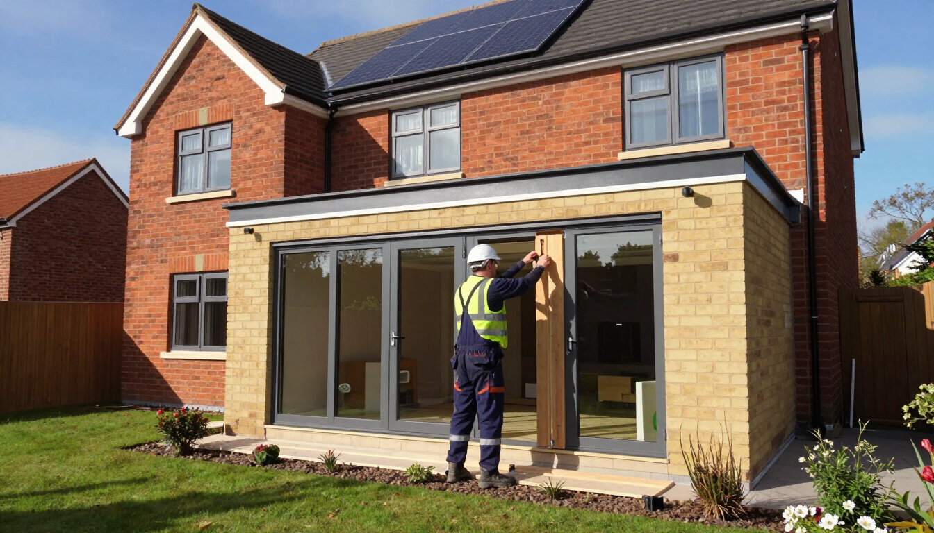 Worker installing large sliding glass doors on a two-story brick house extension