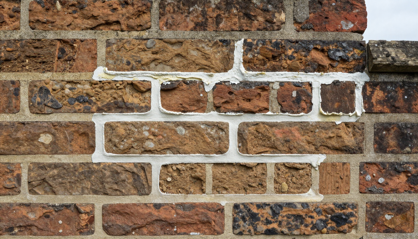 Close-up of a weathered brick wall with white mortar repairs.