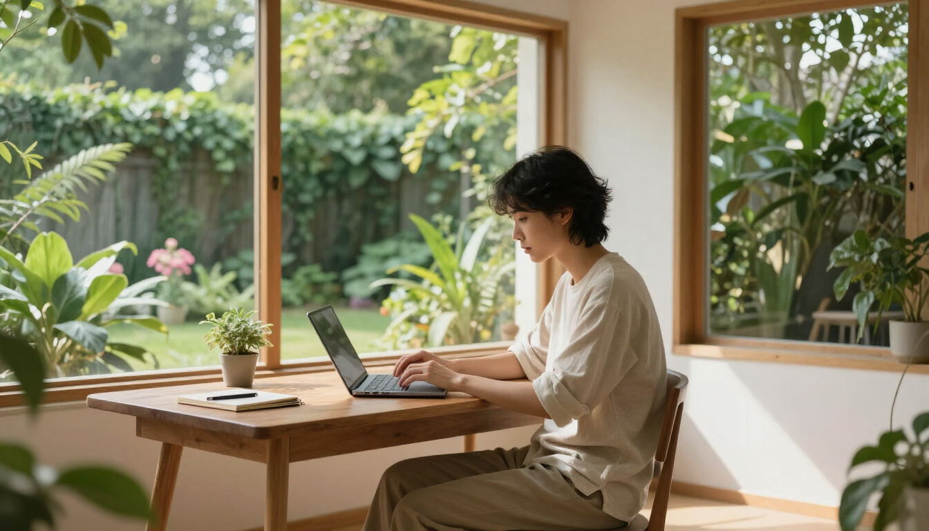 Person working on a laptop at a wooden table by large windows with lush greenery outside.