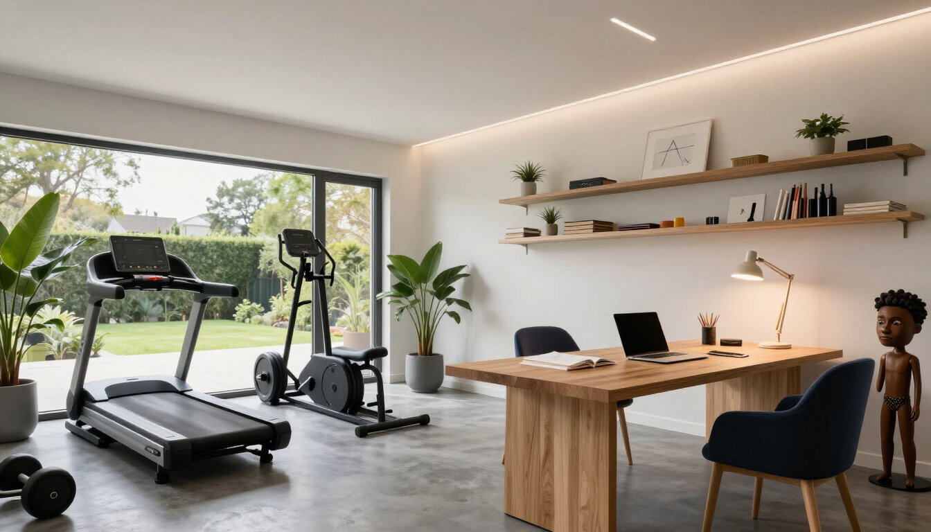 Modern home office with standing desk, laptop, treadmill, and exercise bike beside large windows