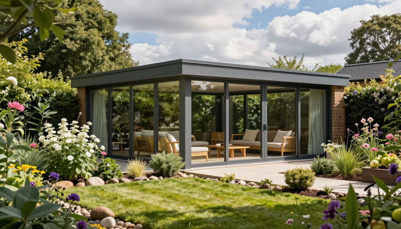 Modern glass garden pavilion with outdoor seating, surrounded by lush flowers and greenery under a cloudy sky