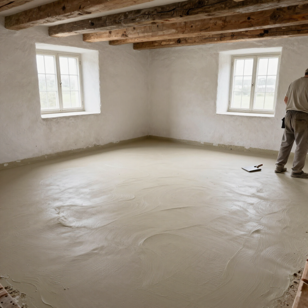 Unfinished room with exposed beams, white walls, two windows, and a freshly smoothed concrete floor