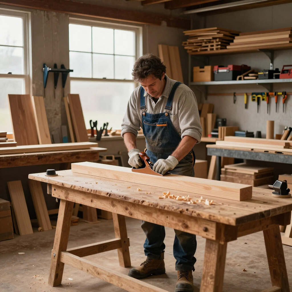 Woodworker planing a wooden board in a sunlit workshop, with tools and shelves in the background