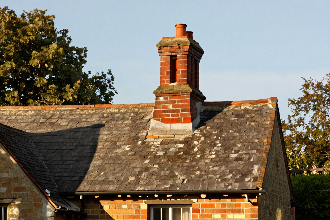 Brick house roof with a chimney against a blue sky
