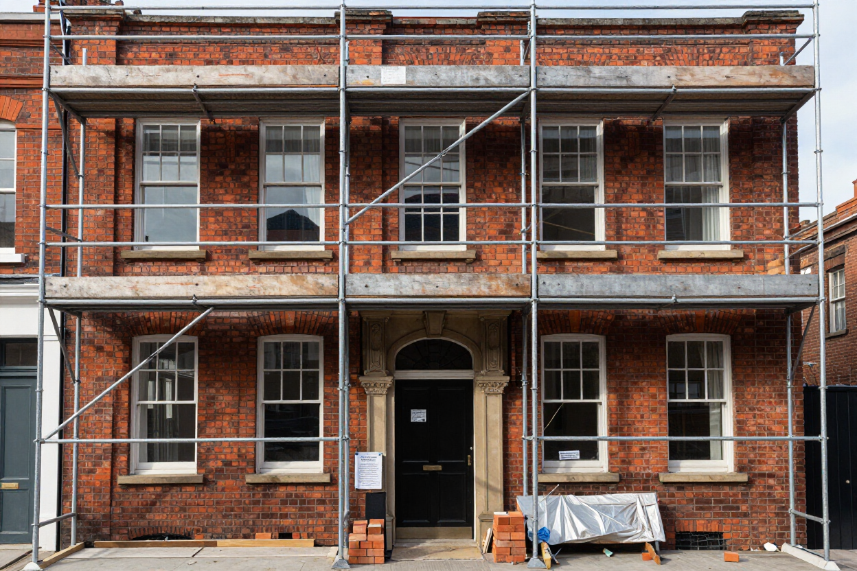 Scaffolded brick townhouse facade under renovation, with black doorway and white-framed windows