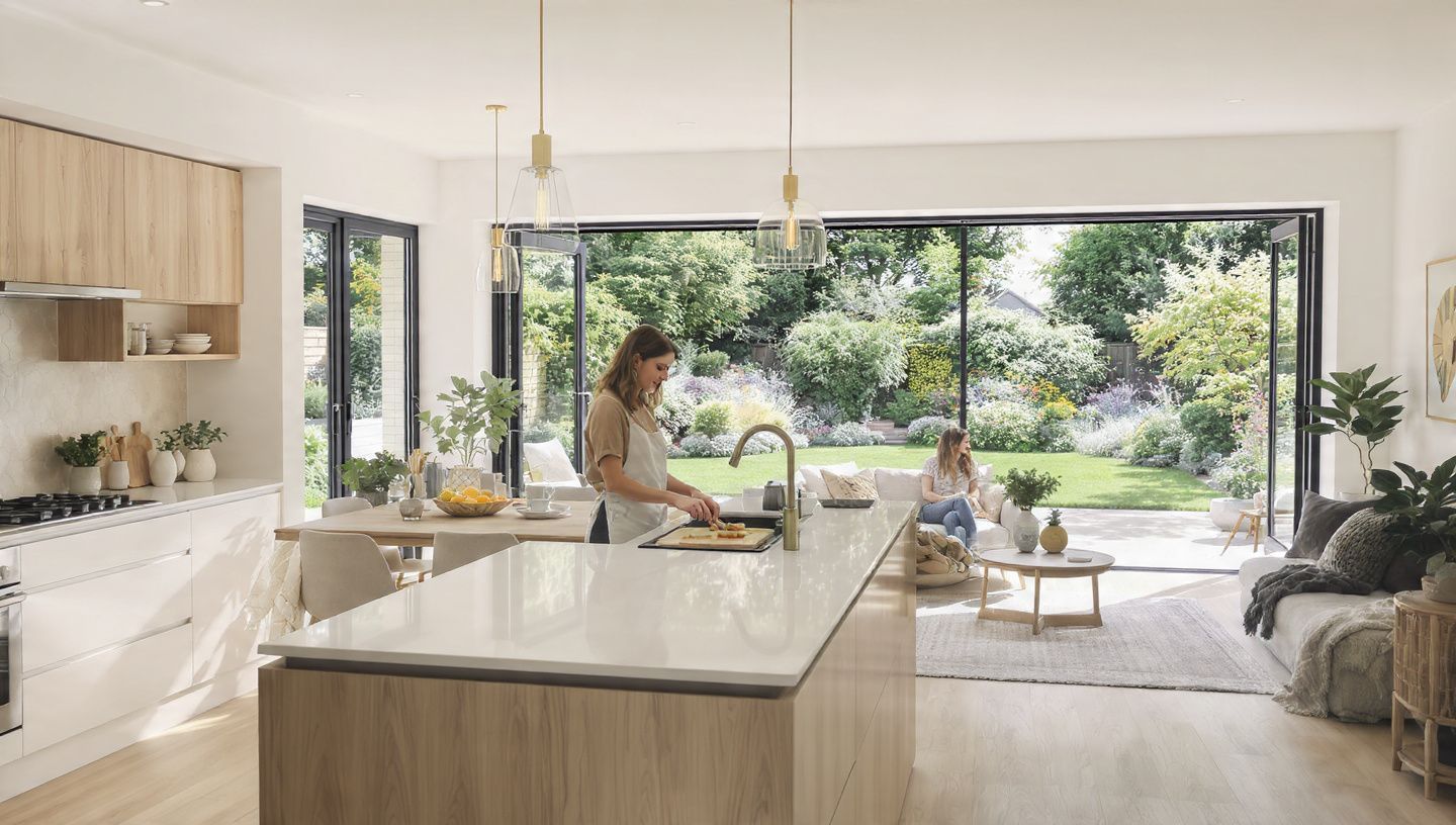 Bright modern kitchen with island, large windows, and people relaxing in a sunlit living area