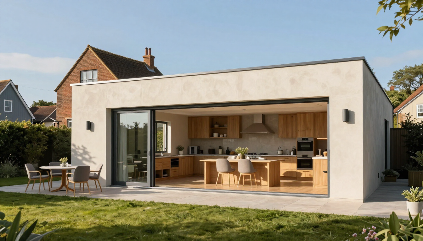 Modern white house with open patio doors revealing a bright kitchen and dining area, garden in front