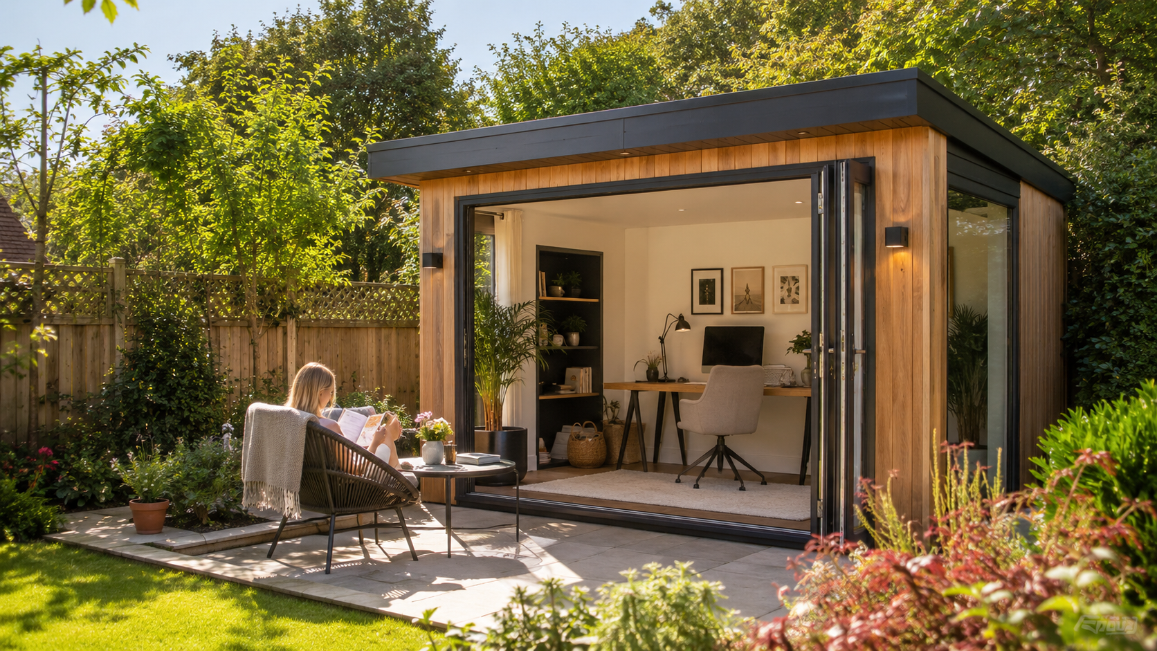 Modern backyard patio with a small wood-clad studio, outdoor seating, and lush greenery in bright sun