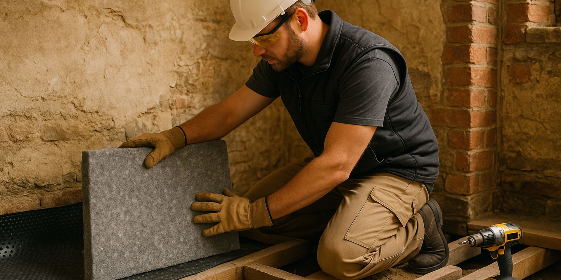 Building contractor placing insulation boards during interior renovation work.