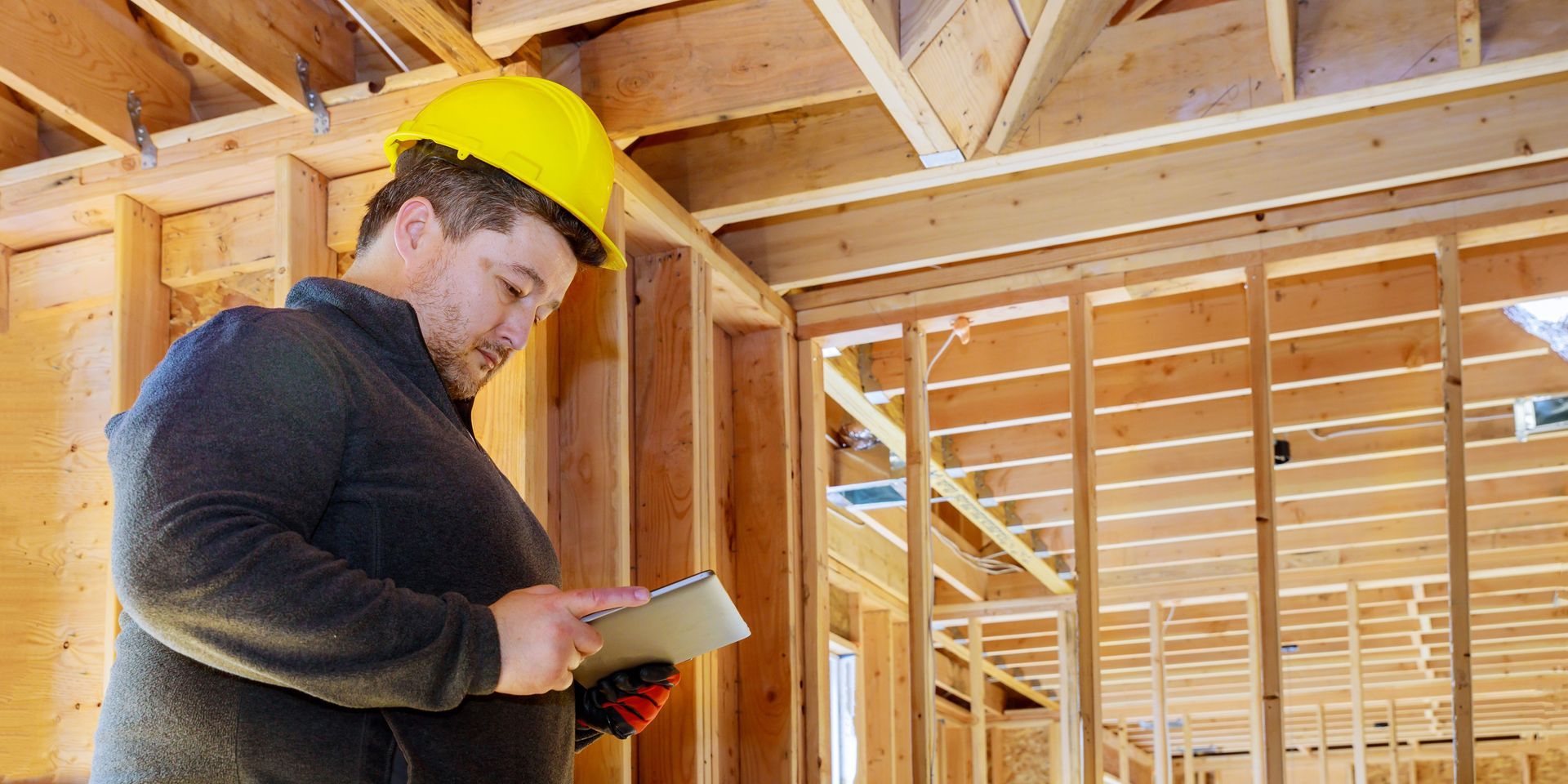 Building contractor reviewing plans on a digital tablet inside a timber-framed construction site.