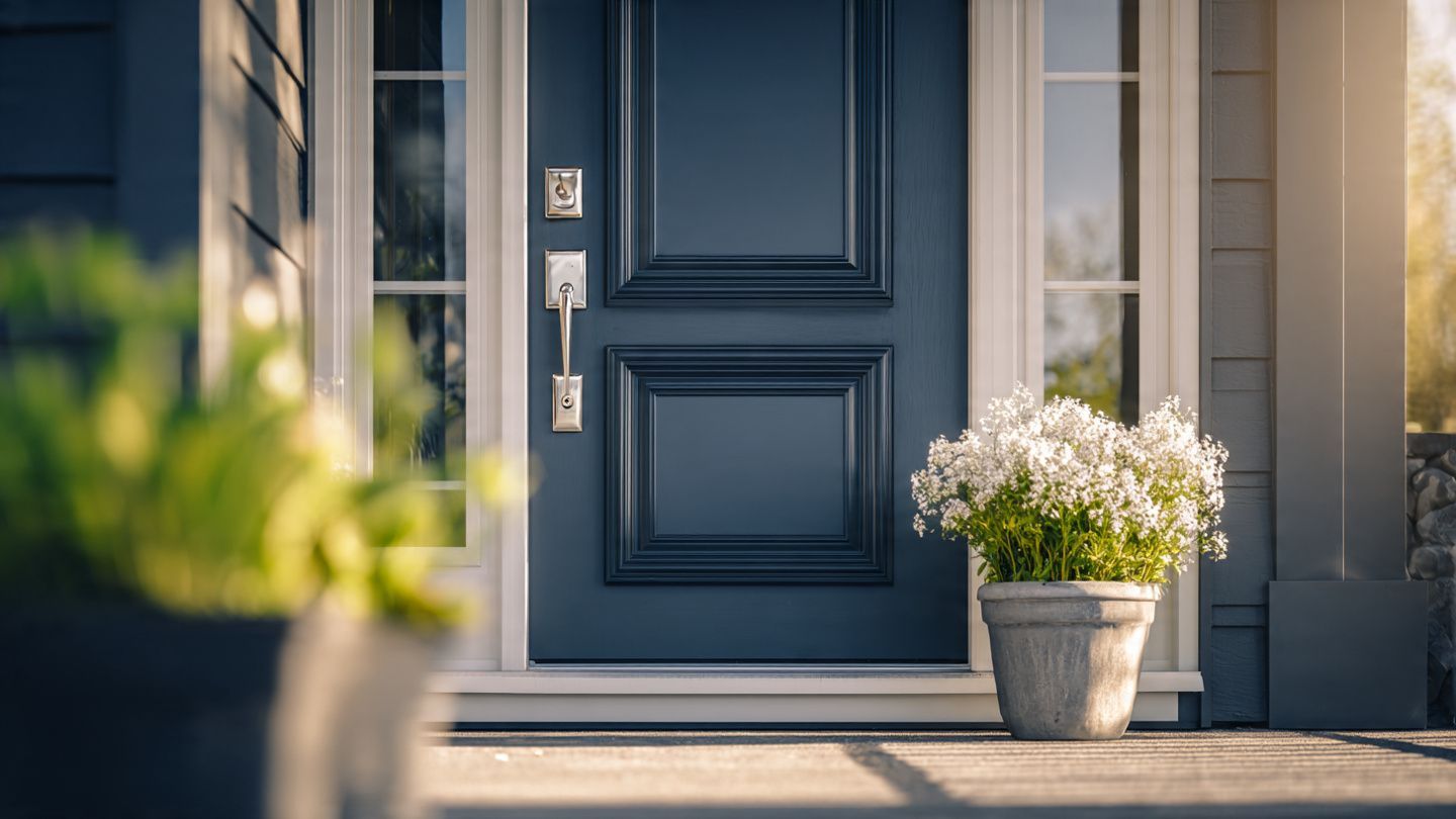 Blue front door with a potted white flower on the step, softly lit by sunlight