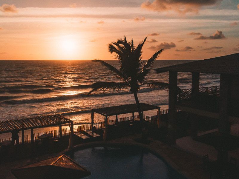 Pôr do sol sobre o oceano, silhueta de palmeira, piscina e prédio em primeiro plano.