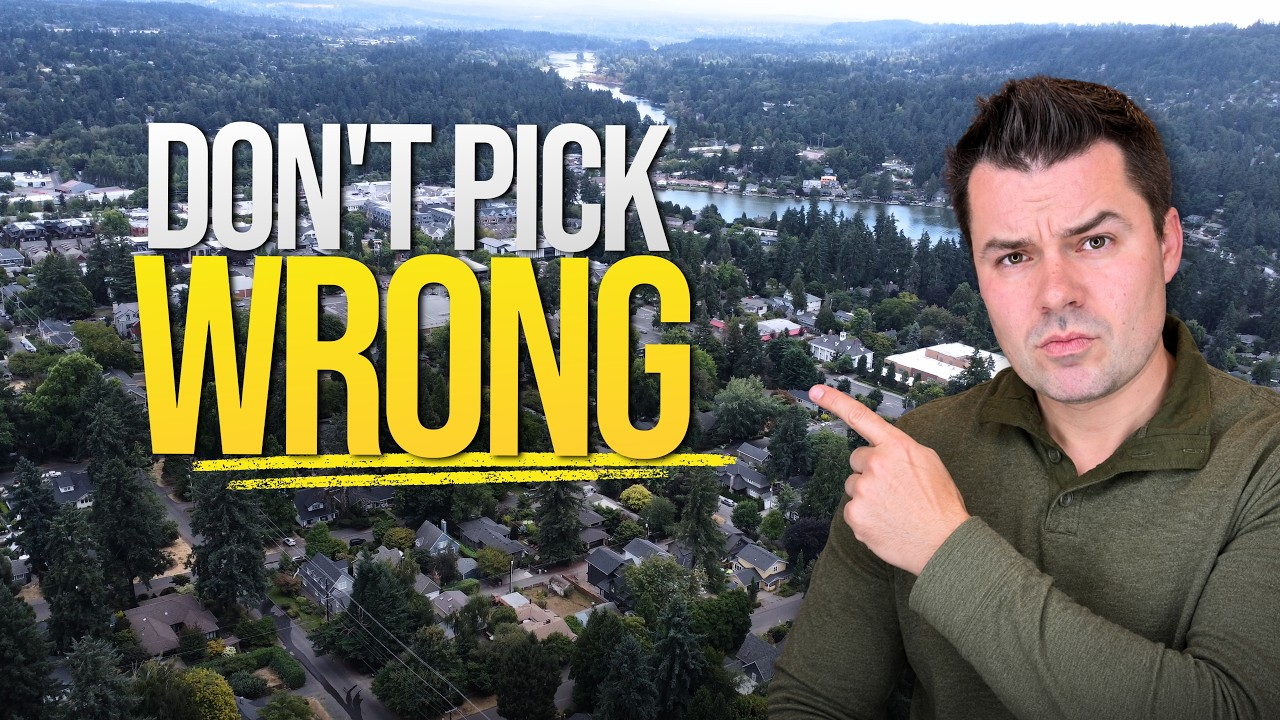 Man pointing at bold text “DON’T PICK WRONG” over an aerial cityscape background