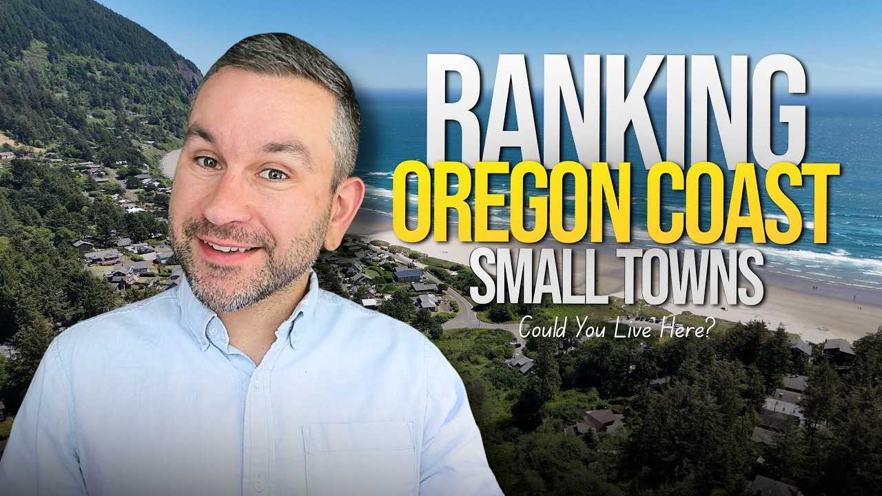 Man smiling before Oregon coast landscape with text “Ranking Oregon Coast Small Towns”