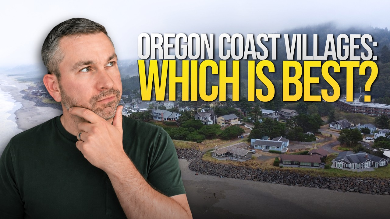 Person thinking over coastal village aerial view with text, “Oregon Coast Villages: Which is best?”