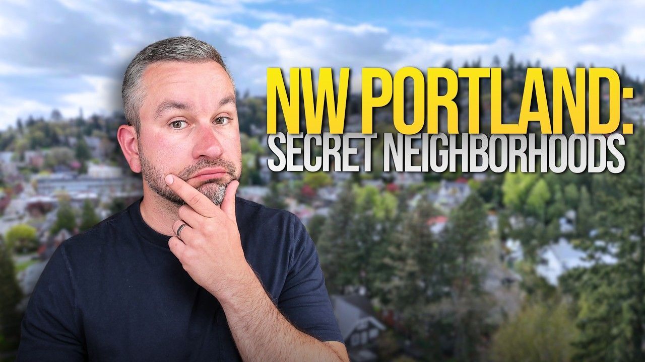 Man in black shirt with hand on chin over blurred cityscape; text reads “NW Portland: Secret Neighborhoods”