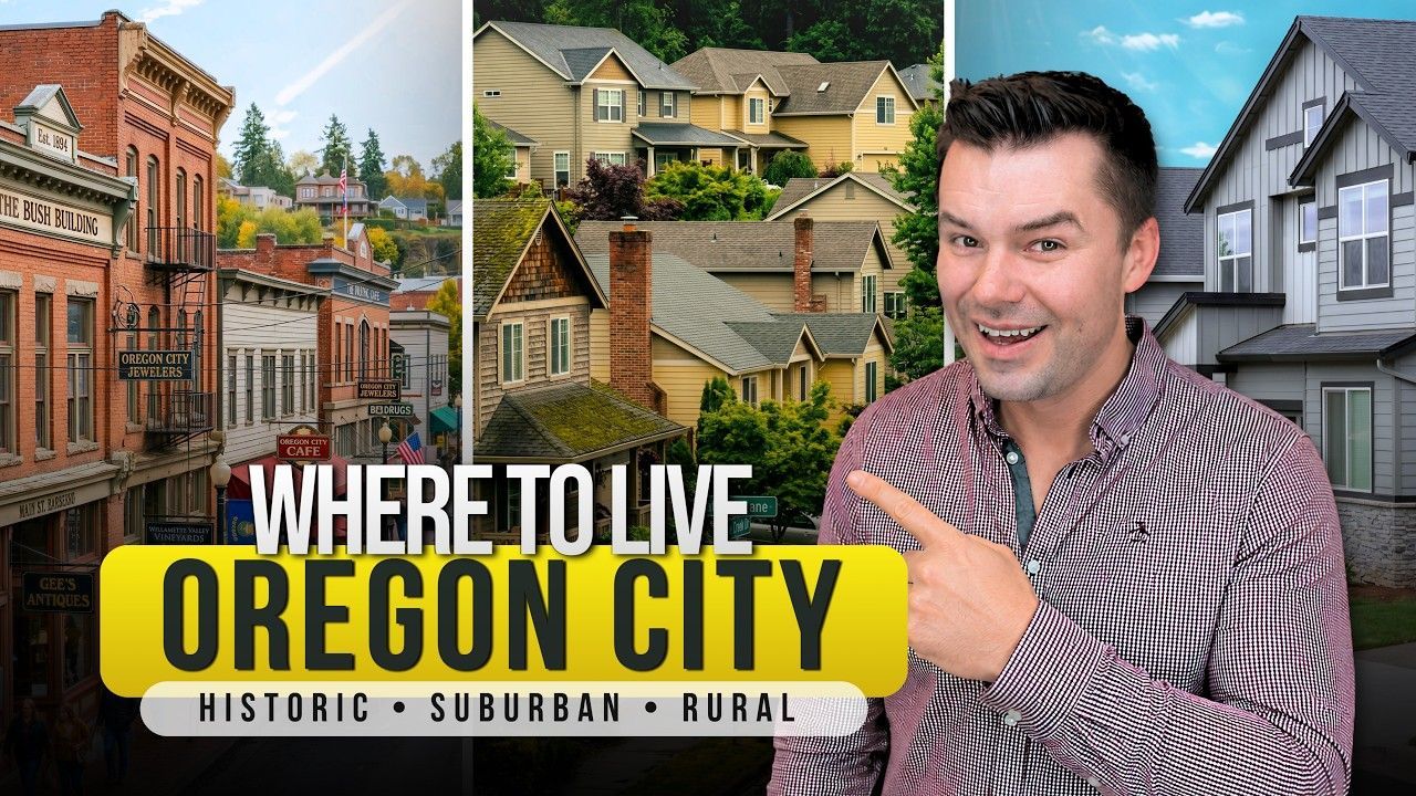 Collage of Oregon City homes and smiling man pointing, with text “Where to Live Oregon City”