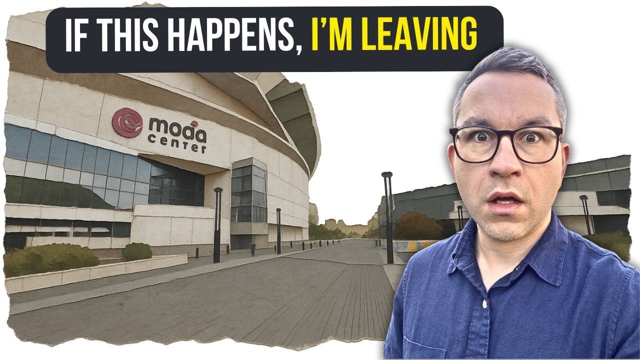 Man standing beside Moda Center with text: “IF THIS HAPPENS, I’M LEAVING”