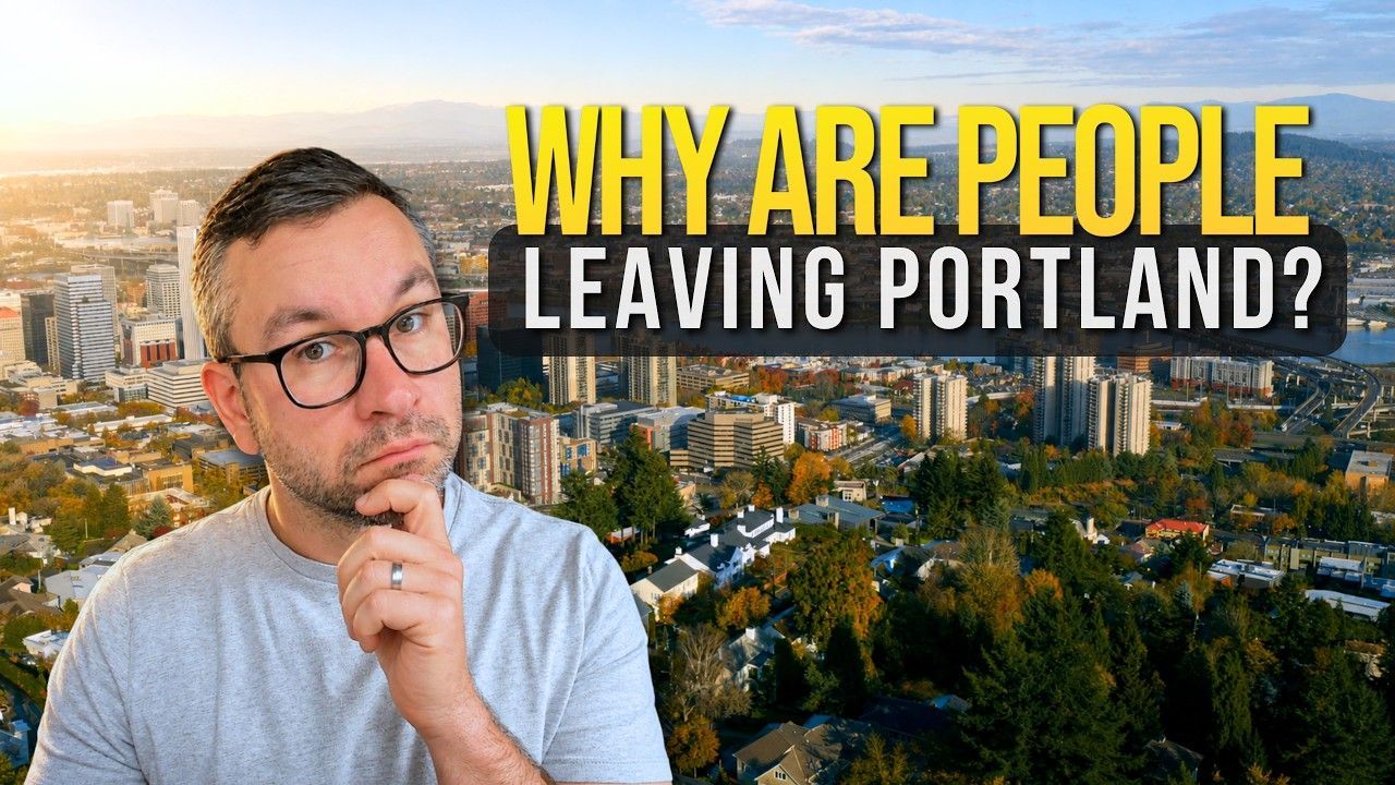 Man thinking over Portland skyline with text: “WHY ARE PEOPLE LEAVING PORTLAND?”