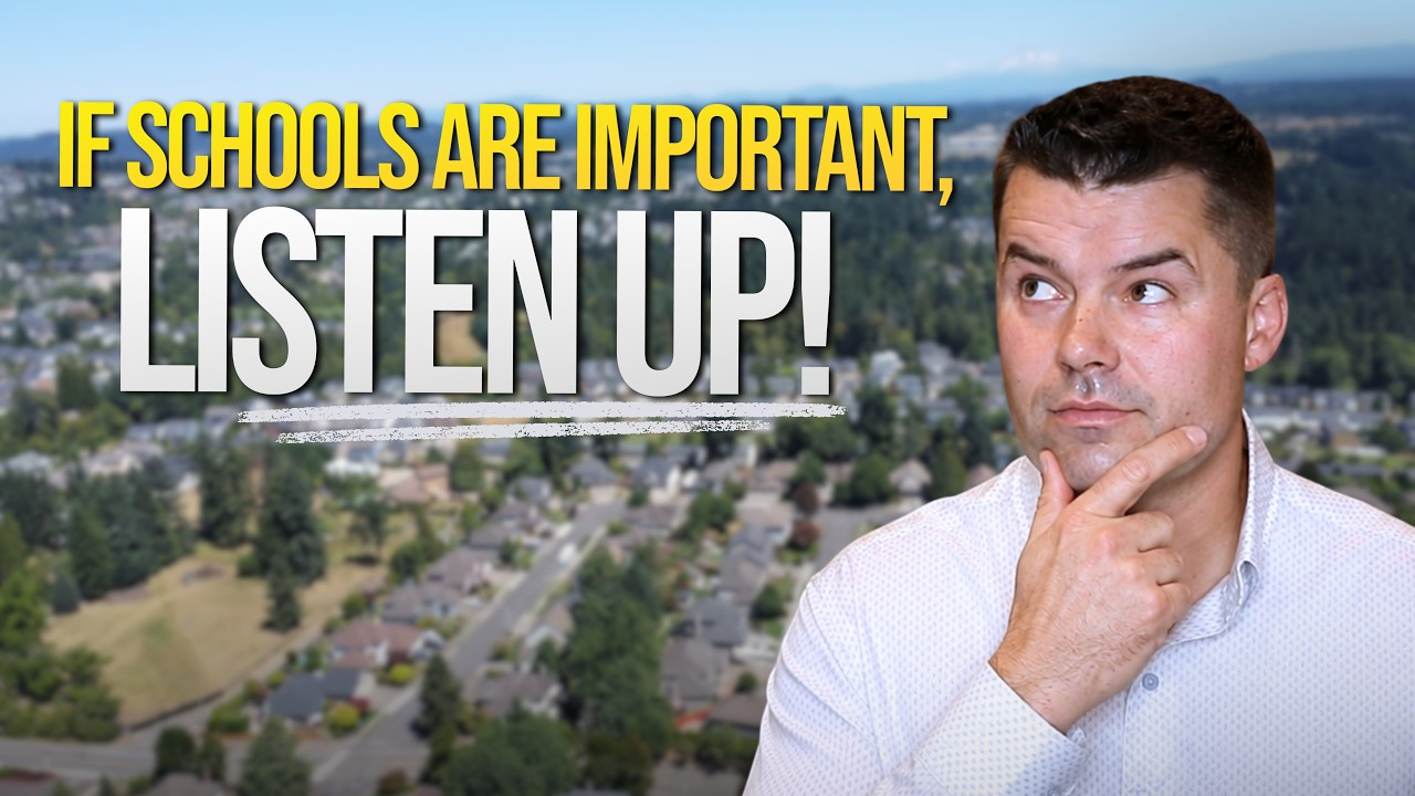 Text reads “SCHOOLS ARE IMPORTANT, LISTEN UP!” over aerial view of a suburban school, with a man in foreground.
