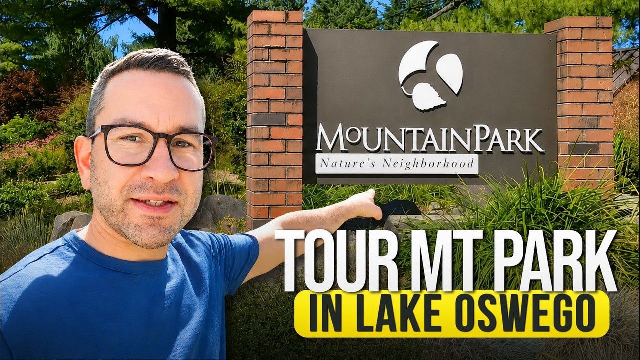 Man posing by Mountain Park sign in Lake Oswego, with “TOUR MT PARK IN LAKE OSWEGO” text overlay