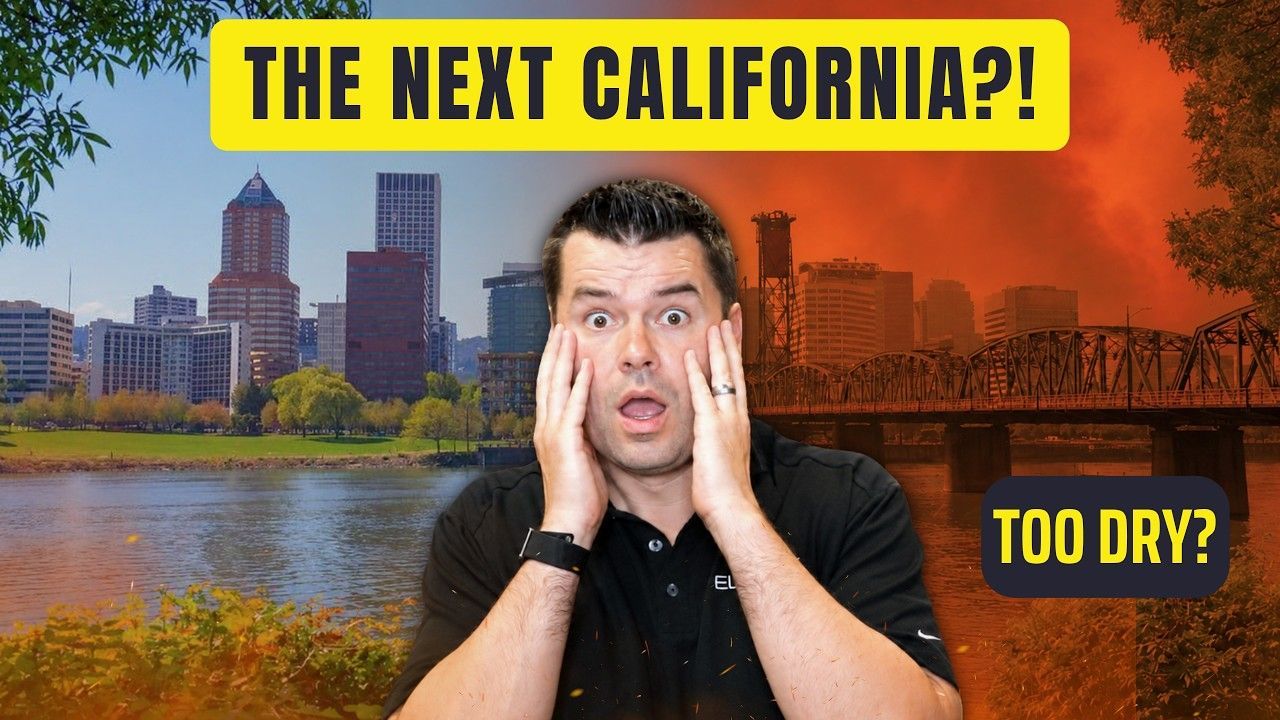 Man on dock with shocked expression before smoke-filled city skyline; text says “THE NEXT CALIFORNIA?! TOO DRY?”