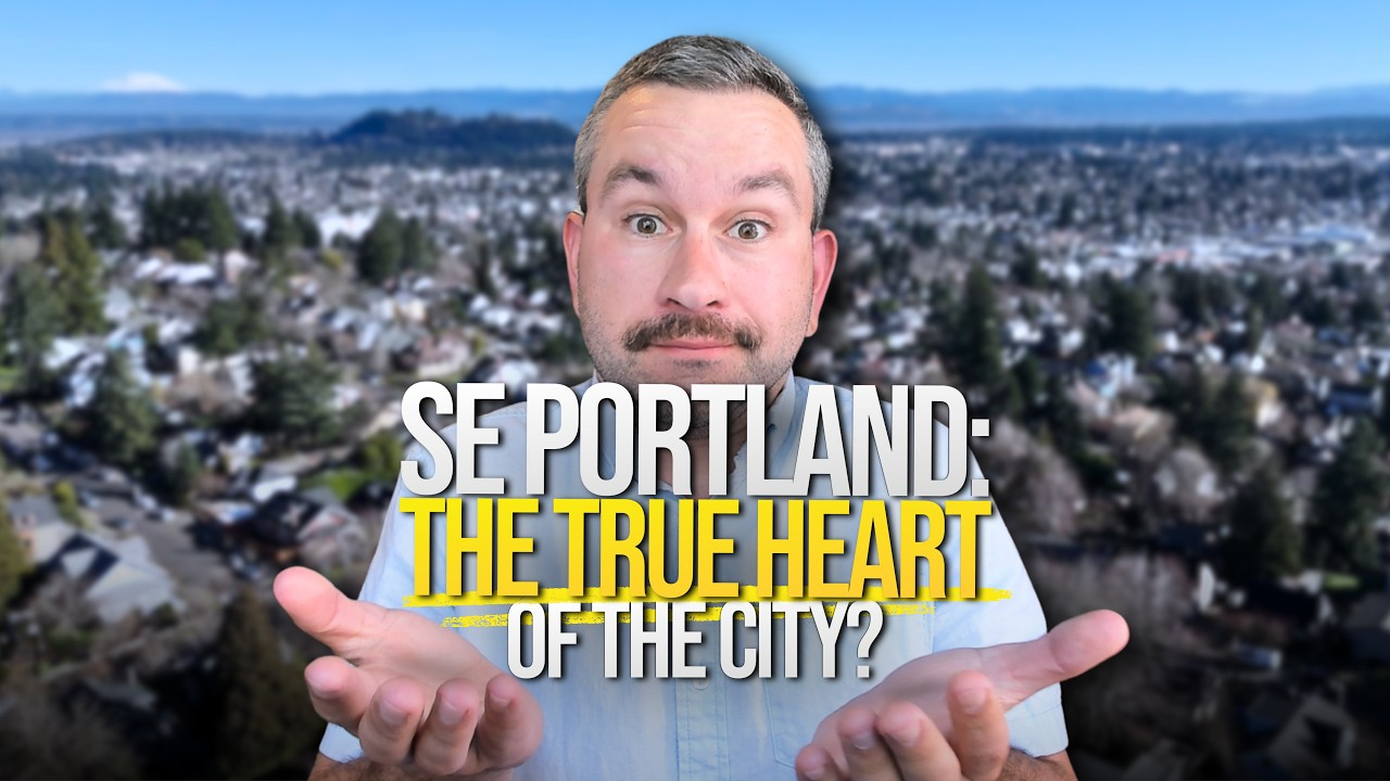 Man holding hands out before a snowy Portland skyline with bold text: “SE PORTLAND THE TRUE HEART OF THE CITY”