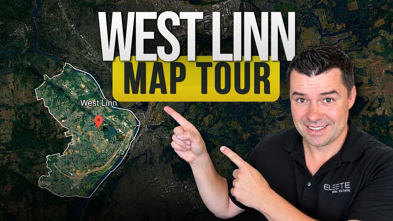 Man pointing at a map graphic with bold text “WEST LINN MAP TOUR” on a dark background