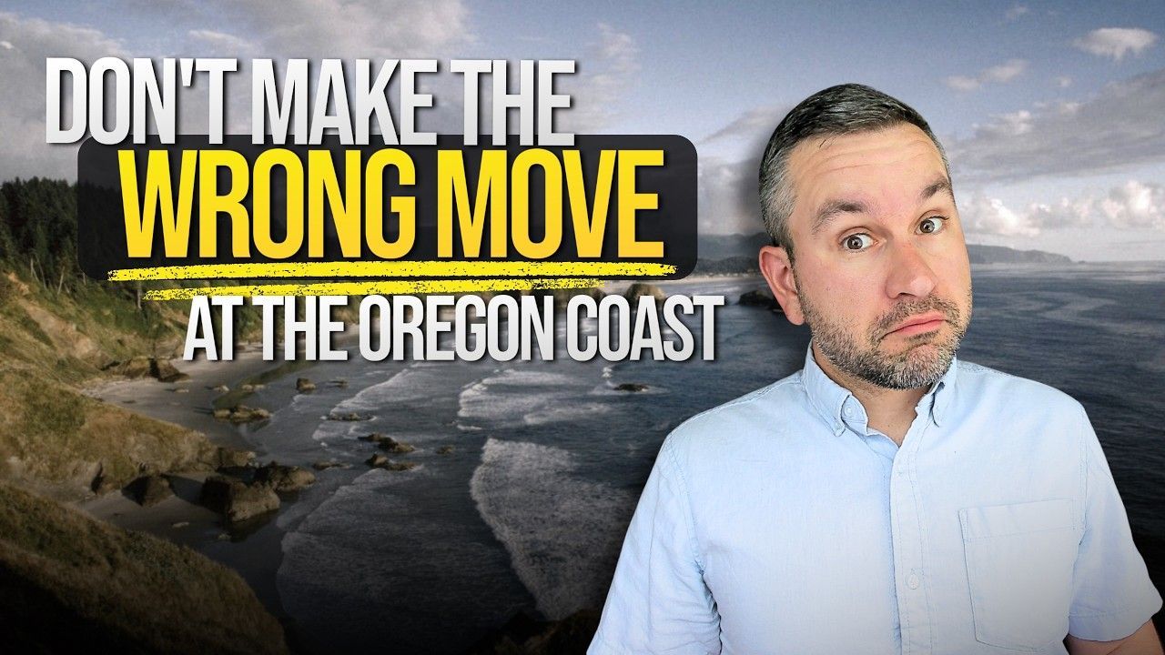 Text: “DON’T MAKE THE WRONG MOVE AT THE OREGON COAST” over a rocky coast with a man in a white shirt on the right.