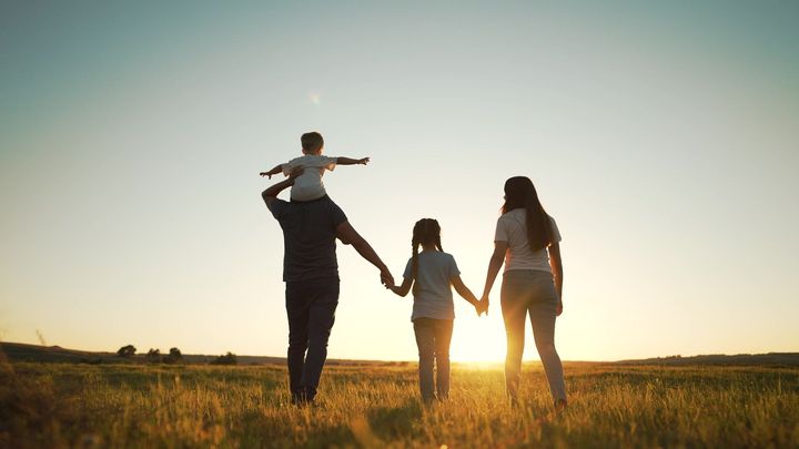 Family holding hands in a field at sunset, with one child sitting on an adult’s shoulders.