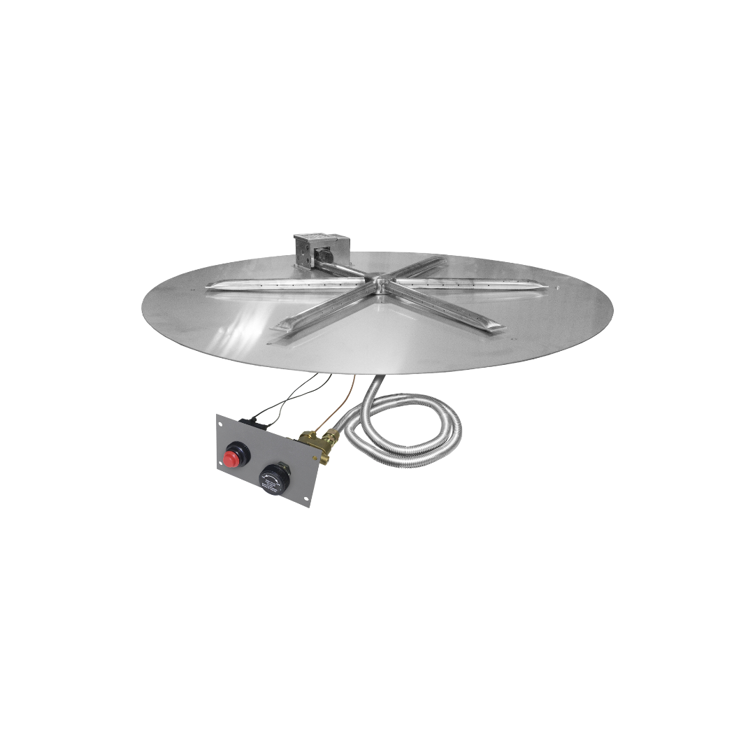 A stainless steel fire pit with a hose attached to it.