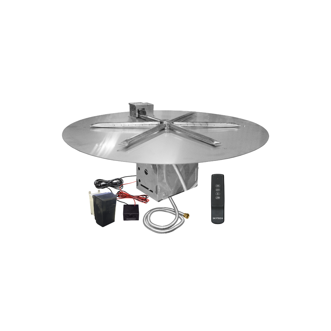 A stainless steel fire pit with a remote control.