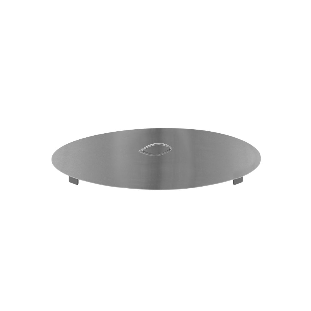 A stainless steel plate with a hole in the middle on a white background.
