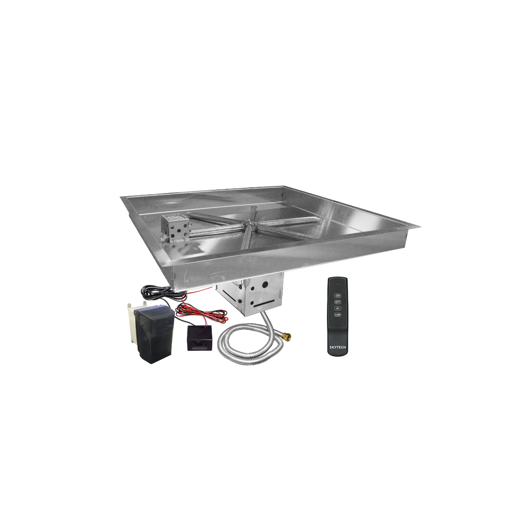 A stainless steel fire pit with a remote control.