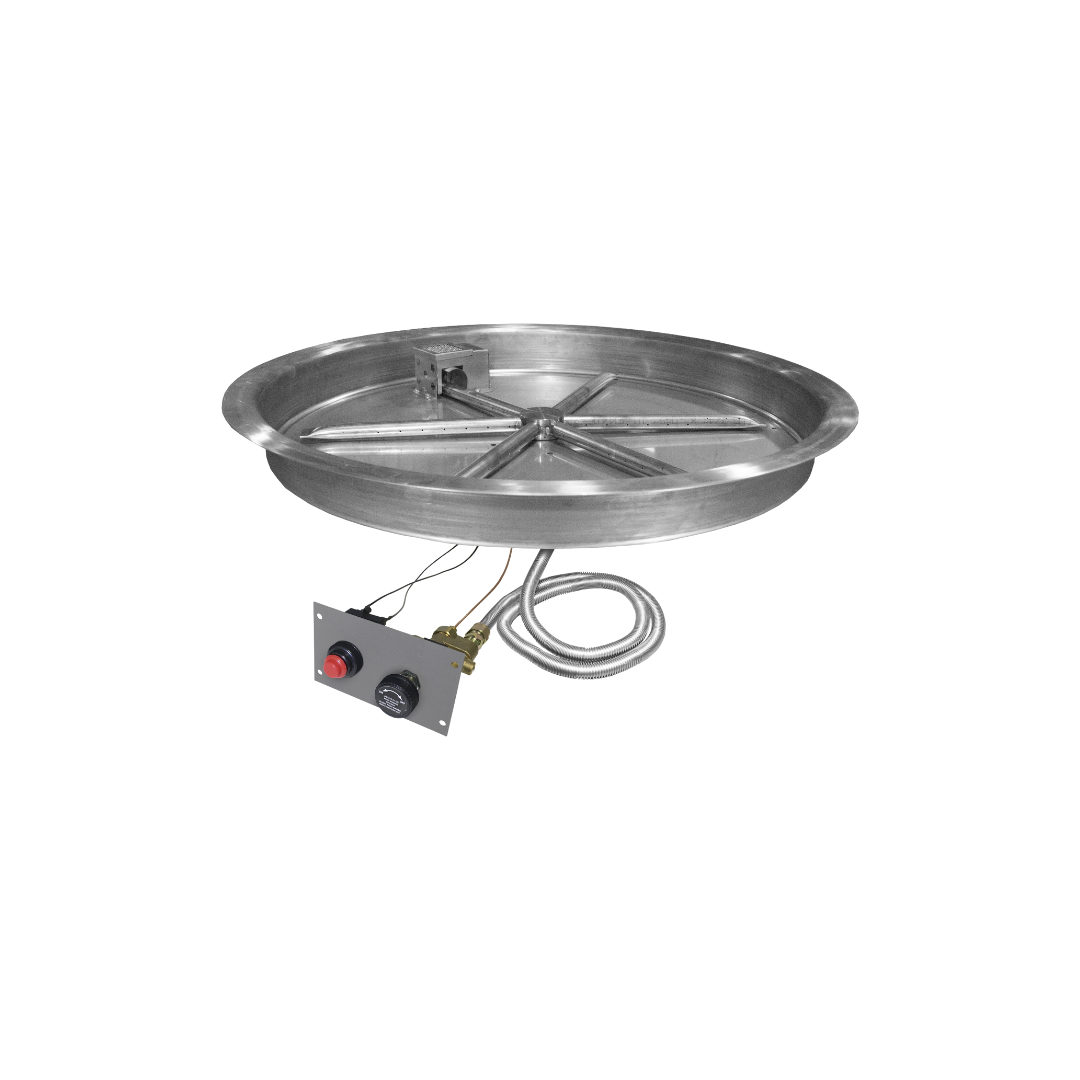 A stainless steel fire pit with a hose attached to it.