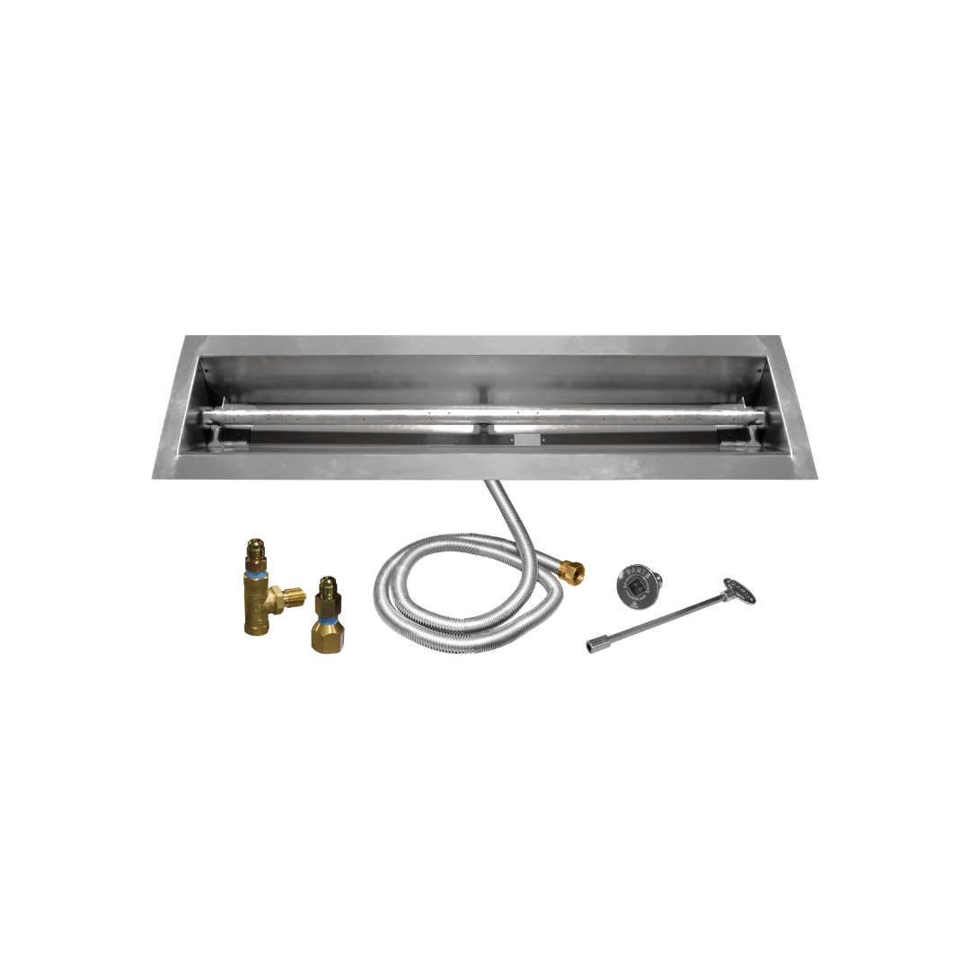 A stainless steel fire pit with a hose attached to it.