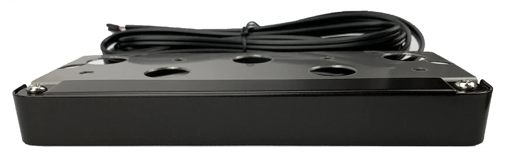 A black box with a cord attached to it on a white background.