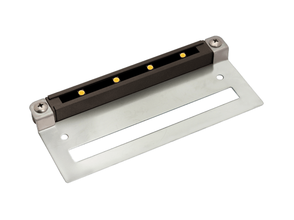 A stainless steel item with a black rubber holder on a white background